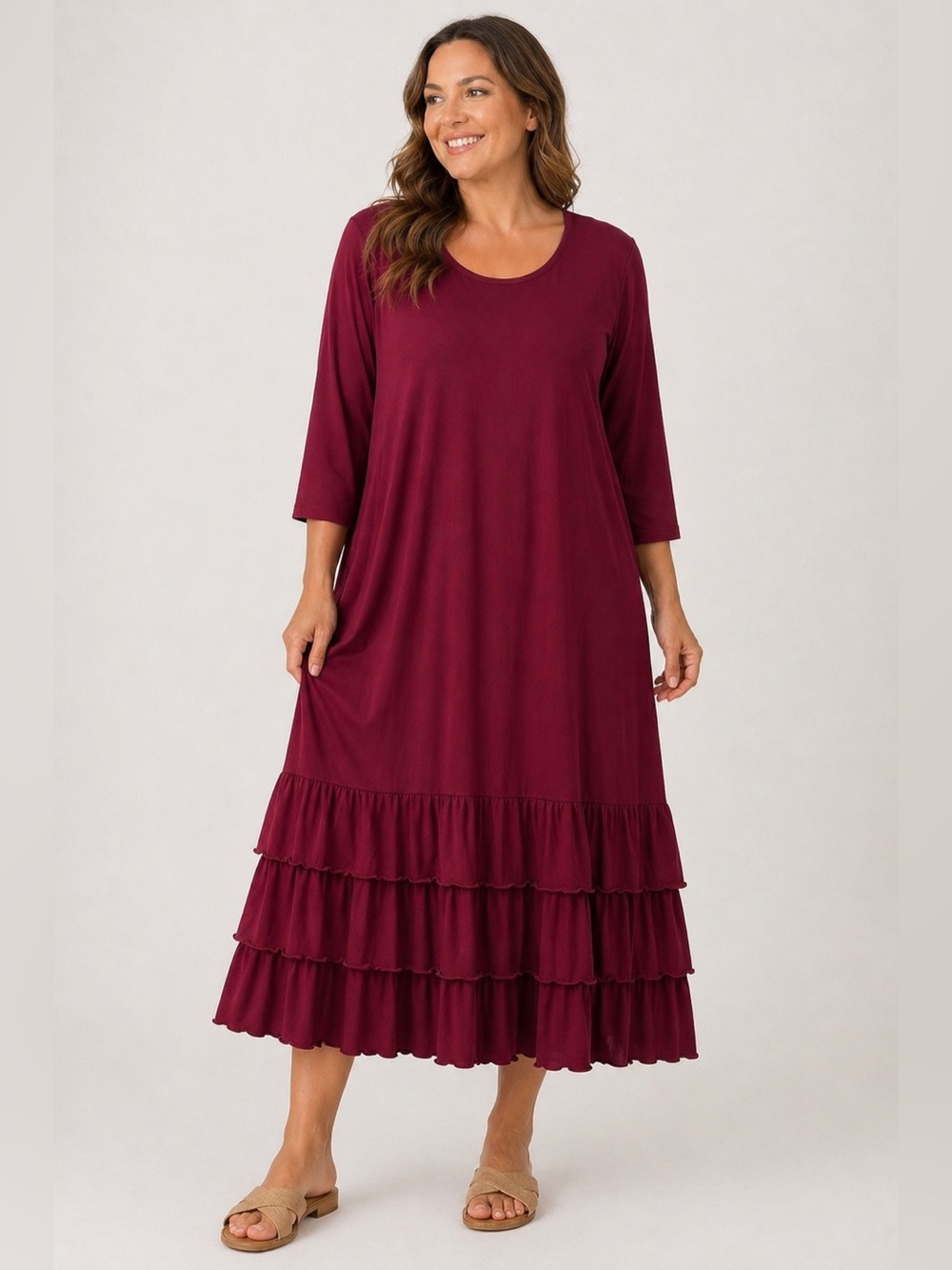 Zadie B Burgundy Ruffle Hem Midi Dress 2X Plus Size Flowy Layering Boho